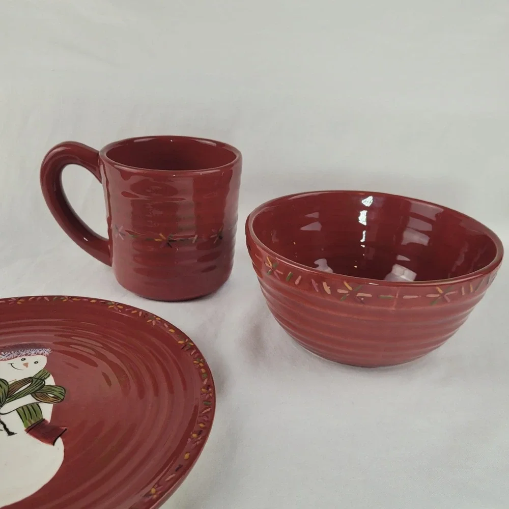 Tracy Porter Jingle Bell Snowman Red Ceramic Mug Bowl Plate 3 Piece Set